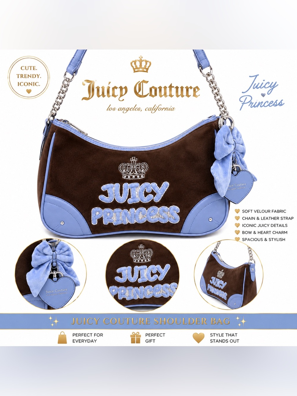 New Juicy Couture chocolate brown princess Shoulder Bag with sky blue trim